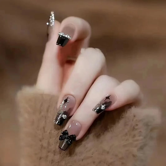 Uñas Postizas Press On Glitter 24 Piezas | Uñas Acrílicas Cortas Forma Coffin Largas