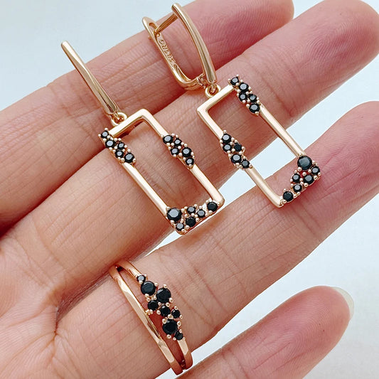 Set de Joyería Vintage con Zirconia Negra | Aretes y Anillo Mujer