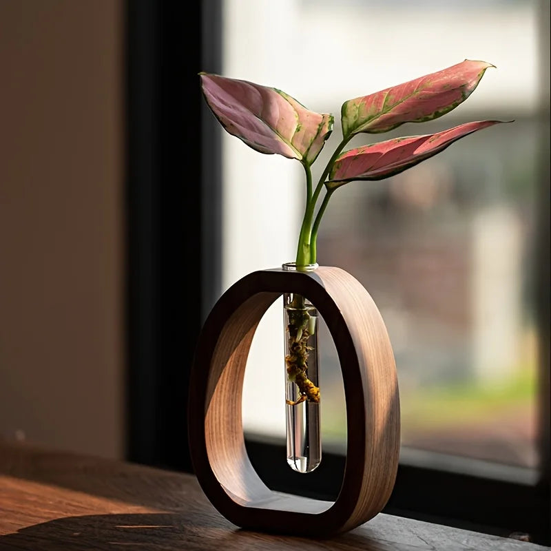 Florero Decorativo de Madera con Tubo de Vidrio para Plantas
